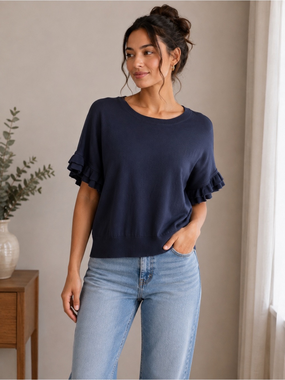 Ann Taylor Navy Ruffle Sleeve Knit Top Women’s  Size: Small